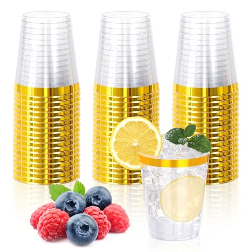 Image of 50 Pcs 10oz Gold Plastic Cups,Clear Plastic Cups with Gold Rimmed,Gold Rim Clear Disposable Plasitc Cocktail Tumblers Wine Cup for Party,Wedding,Birthday,Christmas