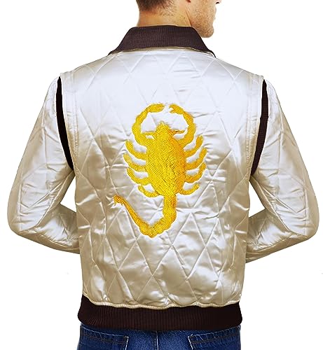 Mens Quilted Satin Ivory White Golden Embroidery Bomber Jacket