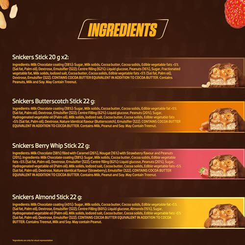 Image of Snickers Variety Pack | Assorted Bars | Peanut, Almond, Butterscotch & Berry Whip | Pack of 3 | 110g