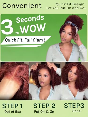 Image of KLAIYI Reddish Brown Afro Kinky Curly Glueless Precut 7x5HD Lace Front Wigs Human Hair Bye Bye Knots Pre Plucked Bleached Pre Everything 3S Ready to Wear and Go Beginner Wig with Baby Hair 180% 16Inch