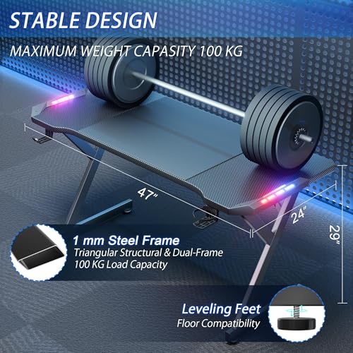 HLDIRECT 63 Inch Gaming Desk with LED Lights, Home Office Gamer Desks, Ergonomic Computer Desk with Large Carbon Fiber Desktop, Computer Table with Cup Holder & Headphone Hook for Home Office, Black - Image 4