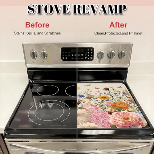 Image of Retro Floral Stove Top Cover for Electric Stove, Wild Flowers Range Covers for Electric Stove, Rubber Dish Drying Mat, Glass Cooktop Covers, Flat RV Range top Mats, 28 inchx20 inch