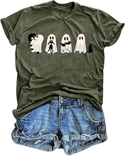 Halloween Ghost Cat Shirts for Women Cat Lovers T-Shirt Gifts Retro Fall Spooky Season Tees Tops