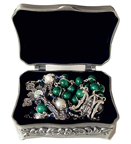 elegantmedical Handmade Sterling Silver Wire Wrapped UNDOUBTED Malachite &10mm Real Pearl Beads Rosary Cross/Crucifix Necklace Box Catholic Womens Gift