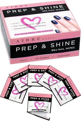 AIRRE 50 Professional Alcohol Prep & Shine Nail Wipes (3in1) Alcohol Wipes for Gel Nails, Acrylic Nails, Press-On Nails & Tips. Removes Sticky Gel Layer Residue, Preps UV/LED Polish & False Nails