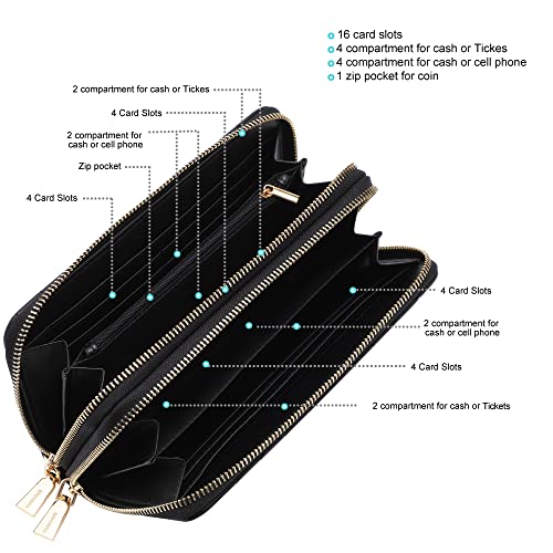 B Brentano Vegan Leather Double Zipper Pocket Wallet With Grip Hand Strap (Chevron Embroidered Black) #TOP2