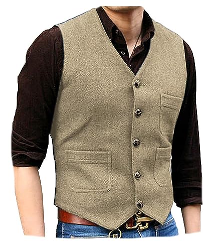 Image of SOLOVEDRESS Mens Vintage Tweed Suit Vest V Neck Casual Wool Waistcoat for Wedding Groomsmen