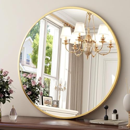 Image of Sidra Decor Round Wall Mirror 24 Inch | Gold Metal Framed Hanging Mirror for Bathroom, Living Room, Bedroom | Decorative Wall Mounted Mirror | HD Vanity Mirror wash Basin (Gold)