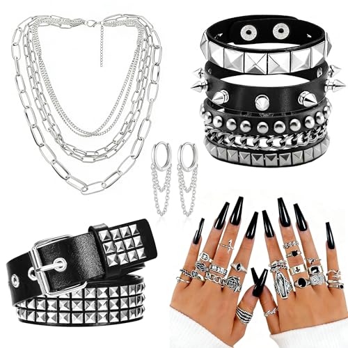 Tiwindx 31 Pcs Punk Costume Set for Women Goth Emo Y2k Rock Costume Adjustable for Party Halloween Punk Rock Accessories Set