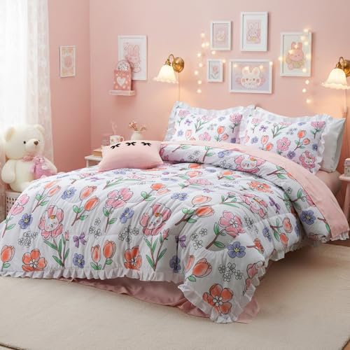 Image of A Nice Night 6 Piece Comforter Set Bed in a Bag with Comforter & Sheet Set,Chic Cute Rabbits Bow Printed Bedding Sets,Princess Ruffle Bedding for Kids Girls,Queen