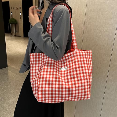 Bolso tote gingham de gran capacidad para mujer, bolsa de hombro a cuadros ligera de lona, bolso de mano para viaje miniatura 3