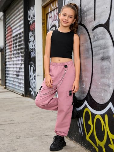 Image of Girls 2 Piece Outfit Set for Tween Girls, Sleeveless Crop Tank Top & Cargo Pants Jogger Set