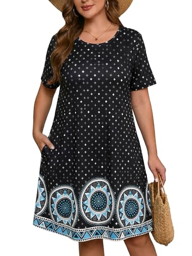Image of AusLook Plus Size Midi Dress for Women Casual Summer Short Sleeve A Line Swing Dress with Pocket Round Neck Flowy Dress 1X-5X