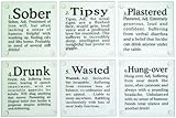Drink Coasters, Set of Six, glass drink coasters that define the stages of drinking sober, tipsy, plastered, drunk, wasted, hungover,