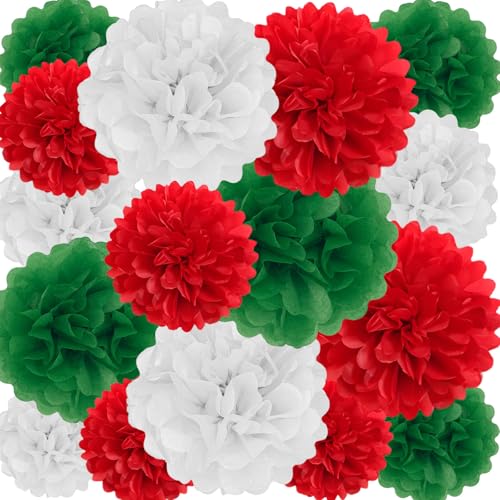 Image of 18 PCS Tissue Paper Pom Poms, Tissue Paper Flowers, Sizes of 6 inch, 10 inch, 12 inch, 14 inch Christmas Paper Flower Party Decor for Wedding, Birthday, Christmas, Baby Showers (Green Red White)