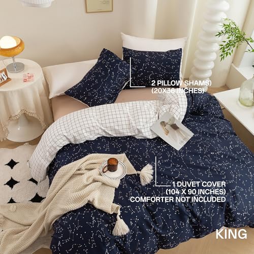 ECOCOTT Duvet Cover King, 3 Pieces 100% Natural Cotton 1 Duvet Cover +2 Pillowcases Bedding Set,Navy and Cosmic Constellation Reversible Printed Pattern Breathable and Durable Duvet Cover King Size