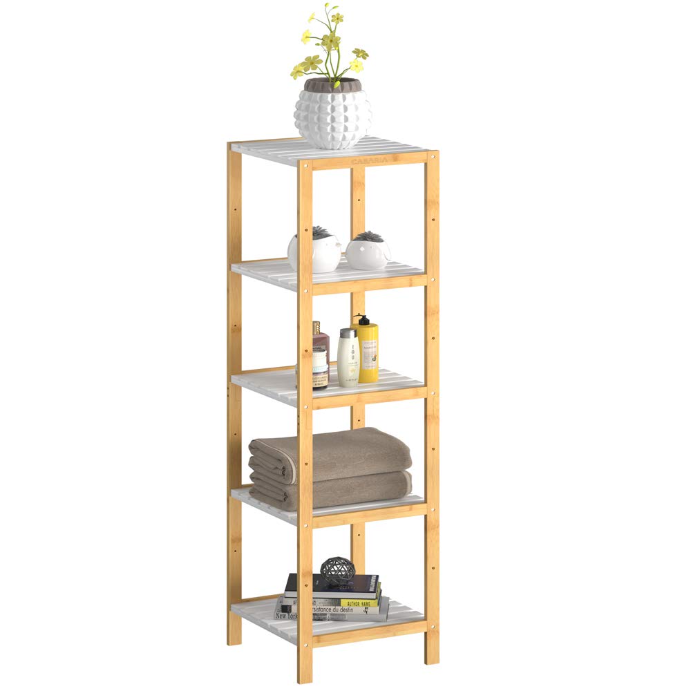 CASARIA Estantería de baño de Madera de bambú con 5 estantes 140x33x34cm Repisa Blanco y Natural