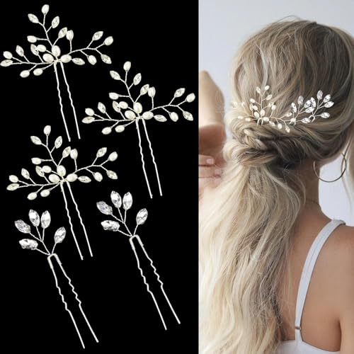 5 Pcs Rhinestone Bridal Hair Pins Sparkly Bride Hair Piece for Women Crystal Pearl Hair Accessories for Bride Bridesmaids Flower Girls(Silver)