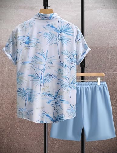Image of Yimoon Men's Summer 2 Piece Outfits Tropical Print Short Sleeve Button Down Hawaiian Beach Shirt and Shorts Set