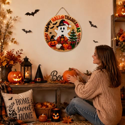 Image of Halloween Decorations - Happy Hallothanksmas Wooden Sign for Front Door