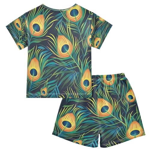 senya Short Sleeve Pajamas Sets Summer Cotton Sleepwear Peacock Feathers2