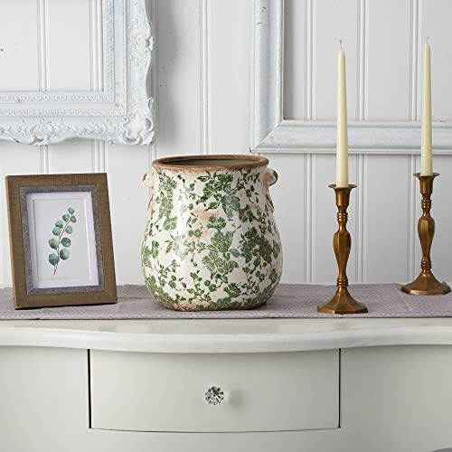 Image of Nearly Natural 10in Ceramic Decorative Vase, Tuscan Style Green Scroll Design for Indoor Home Shelf Table Decor