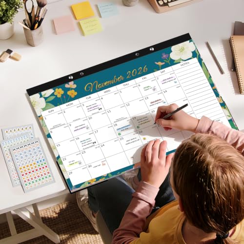 Image of SUNEE Desk Calendar 2027 - 17 inch x 12 inch Desk Pad Calendar, 18-Month Monthly Planner Oct. 2026 - Mar. 2028, Desktop Calendar with 308 Planner Stickers, Plastic Protective Corners for Office, School and Home, Floar