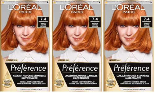 L'Oréal Paris Préférence Coloration Permanente Cheveux, Nuance : Dublin Mango (7.4), Cuivré Intense (Lot de 3)