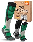 sockenkauf24 Herren Merino Skisocken 39-42 (2 Paar) Thermo Winter Kniestrümpfe mit Polsterung für Ski und Snowboard (Schwarz/Grün)