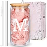 Personalized Tumbler, Monogrammed Can Glass Cups with Bamboo Lids and Straws, Customized Gifts for Women, Cute Design Initial Iced Coffee glasses, Custom Letter Mug, Birthday Bridesmaid, M