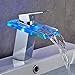 ROVOGO Color Changing Led Faucet for Bathroom Sink, Waterfall Type Faucet Single Handle Single Hole, Brass Bathroom Faucet with Glass Spout, Chrome