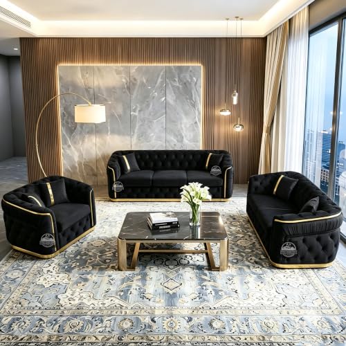 Image of Royal Carved Wooden Sofa Set | 3+1+1 Seater | Antique with Button Tufted Velvet Upholstery | Victorian Style Living Room Furniture Tufted Sofa Set Grey 3-Piece (Design 17)