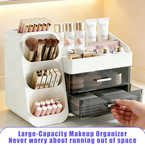 HuaCommerce Großer Makeup Kosmetik Organizer mit Schubladen – 3-in-1 Aufbewahrungsbox für Pinsel & Kosmetik, stylischer weißer Aufbewahrungskasten für Ordnung und Stauraum auf dem Schminktisch