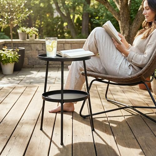 Outsunny Metal Patio Side Table, 2-Tier Round End Table, for Living Room, Bedroom, Garden, Balcony, Black — view 8