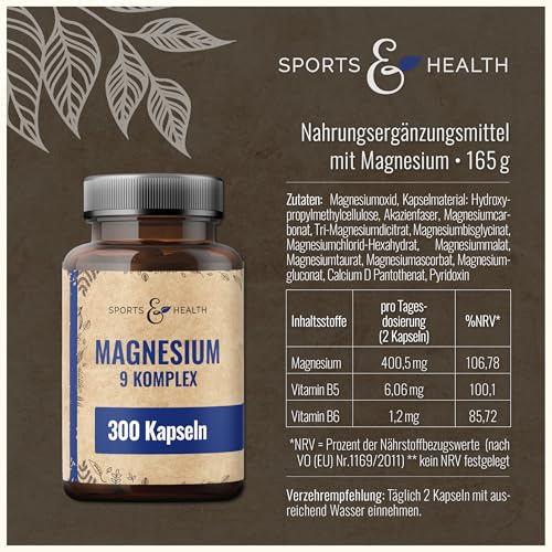 Magnesium Komplex Hochdosiert 400mg - [300x Kapseln - 9 Magn Verbindungen] – Magnesiumkomplex - Magnesium Hochdosiert Kapseln – Complex Mit Vitamin B – Magnesiumoxid, Magnesiumbisglycinat