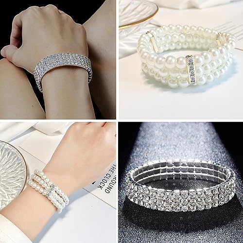 Gifikoi Rhinestone Stretch Bracelets For Women Shiny Bridal Stackable Bracelet Elastic Multilayer Strand Link Tennis Bracelets Set thumb #6