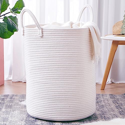 MOJOSCEND 60L Pure White Woven Hamper Laundry Basket Cotton Rope Blanket Basket for Living Room...