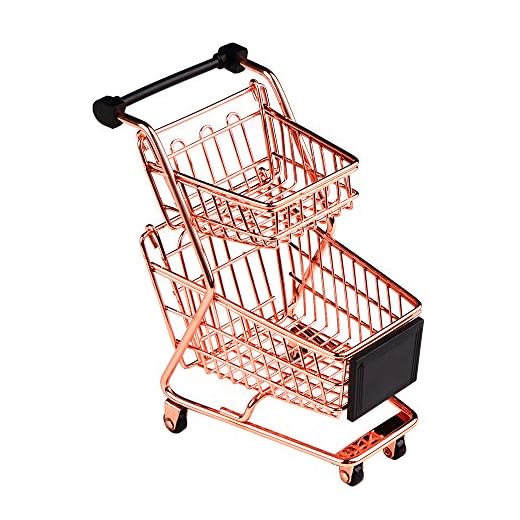 Mini Metal Shopping Cart Supermarket Handcart Trolley, Table Office Novelty Decoration, Creative Storage Tools (Rose Gold, Double-Deck)