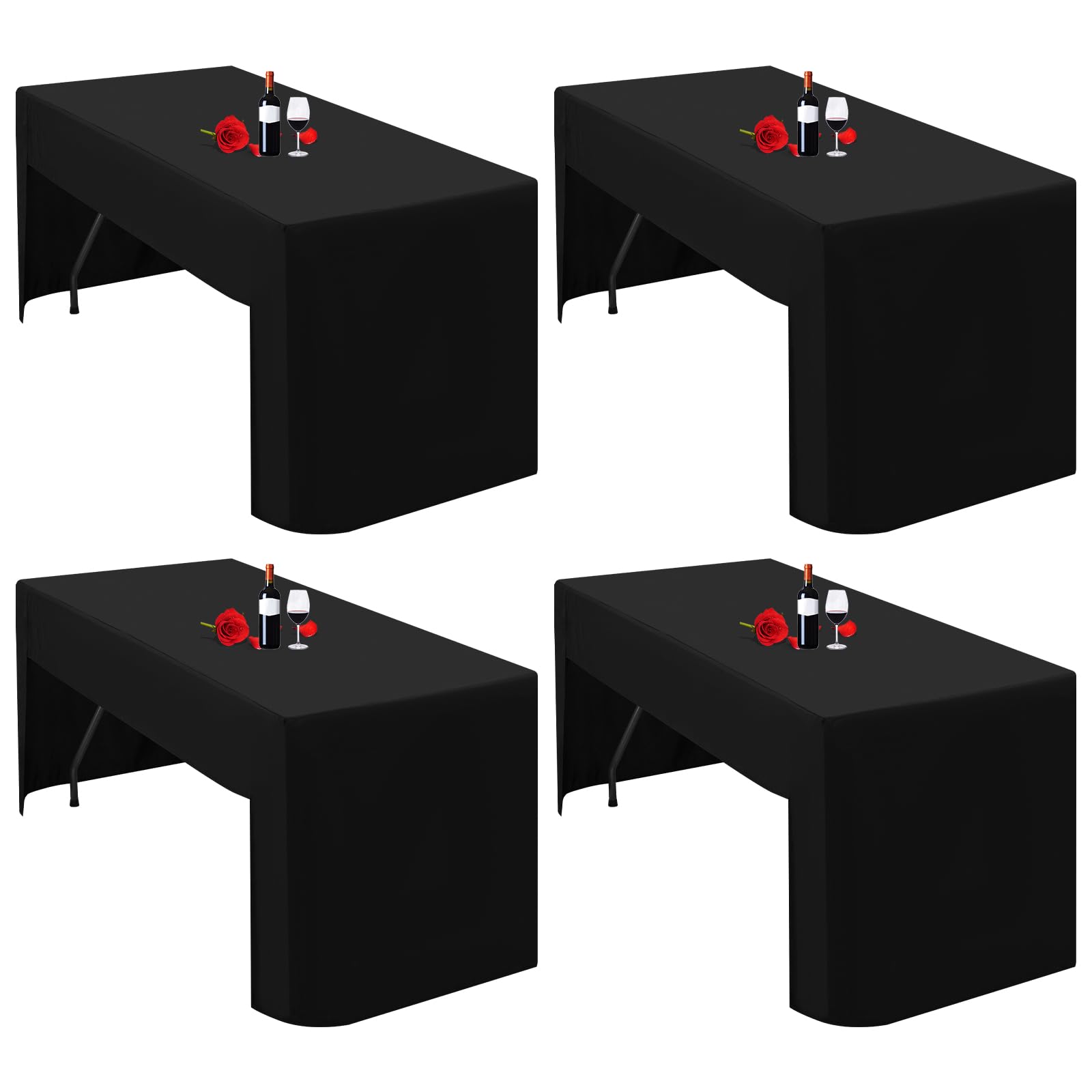 Lumaycens 4 Pack Black Tablecloth Open Back Fitted Tablecloth for 6ft Folding Table Washable Polyester Fabric Black Table Cloth Table Cover for Trade Craft Show Display Party Wedding Events