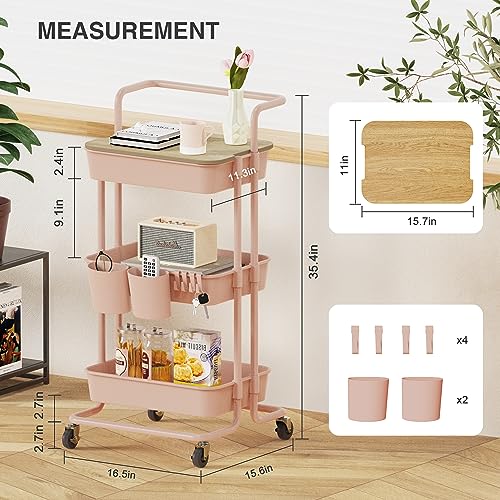 Image of DTK 3 Tier Rolling Utility Cart with Cover Top Board, Movable Kitchen Storage Cart Trolley with Lockable Wheels, Cups, Hooks for Kitchen Bathroom Home Office Art Craft Storage and Organization(Pink)