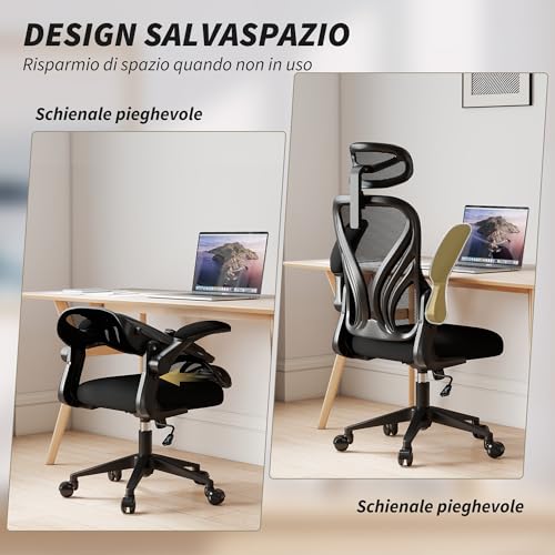 Homcom Sedia Da Ufficio Ergonomica Con Braccioli Ribaltabili E Schienale Pieghevole, Sedia Per Scrivania Con Funzione Dondolo, Poggiatesta Regolabile, Seduta Girevole, Nero - 7