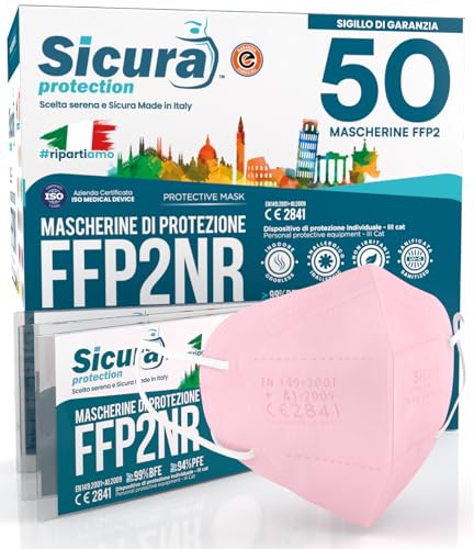 50 mascarillas FFP2 de color ROSA Certificadas CE SICURA Italia logo en relieve BFE ≥99% Made in Italy SANITIZADAS y selladas individualmente FFP2