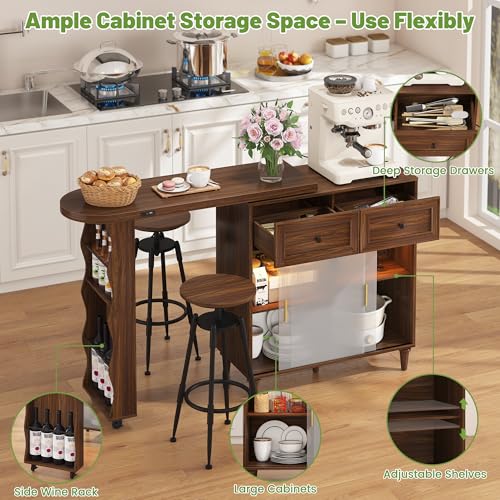 Image of 69 inch Kitchen Island with 360 Rotating Table, Bluetooth Speakers, LED Lighting, Adjustable Shelves, Storage Cabinet & Power Outlet - Walnut Finish Extendable Dining Table for Kitchen, Dining Room, Bar
