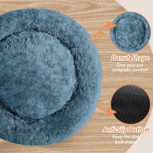 Image of JOLLYVOGUE Calming Dog Bed for Small Dogs - 23 inches Donut Washable Small Dog Bed for Kittens & Puppies, Anti-Slip Round Fluffy Plush Faux Fur Cat Beds (Fits up to 25 lbs Pets, Blue)