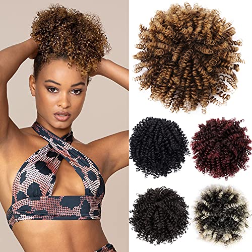 Earfodo Short Ponytail Extension Afro Puff Drawstring Ponytail Extension for Black Women Heat Resistant Synthetic Bun Hair Pieces for Women Daily Party Use (T4/27#)