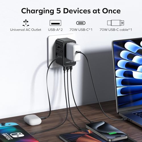 Image of MOMAX Universal Travel Adapter, International Power Plug Adapter with 1 USB C (PD 70W), 2 USB A Ports, 1USB-C Cable (PD 70W), All-in-One Worldwide Wall Charger for USA European UK AUS (Type C /G /A /I)
