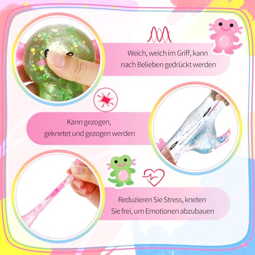 Kaisibum 4 Stück Axolotl Squishy Funkeln Witziges Squeeze Sensorische Anti Stress 4 Farbe Axolotl Tiere Spielzeug für Kinder und Erwachsene