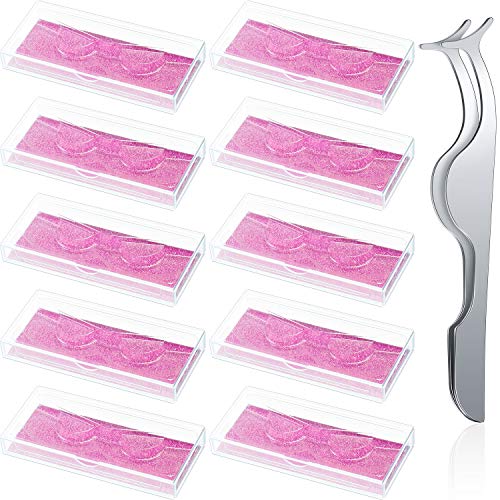 10 Pieces Empty Eyelash Case Glitter Paper Plastic Eyelash Packaging Box False Lashes Cases Holder Storage Box with Clear Tray and False Eyelash Applicator Makeup Tool for Women Girls (Pink)