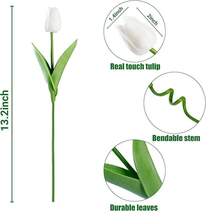 Image of Garden Art Artificial Tulip Flowers (Pack of 5) | Real Touch Silicone Single Stem Tulips for Home Decor, Living Room, Office, Vase & Wedding Decoration GAASTFB-1H-33W (White)