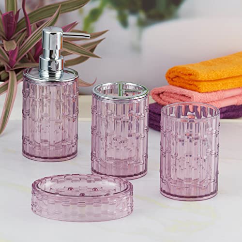 Image of Kookee Acrylic Bathroom Set - Stylish 4 Piece Bath Accessories Kit with Soap Dispenser, Toothbrush Holder, Tumbler & Soap Dish - Modern & Designer Decor for Home & Guest Bathrooms (10048)